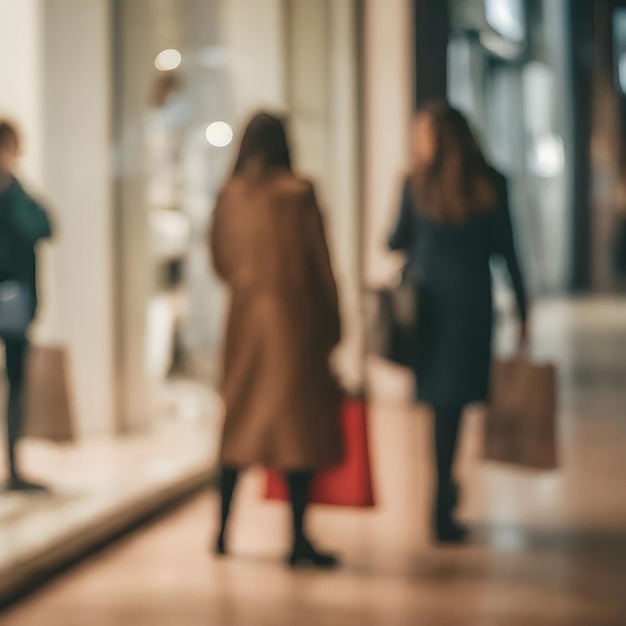 compradores desfocados com sacolas de compras em um shopping moderno