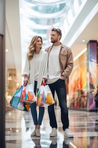 Foto compradores pareja de compras sosteniendo bolsas de compras coloridas en el centro comercial generativo ai