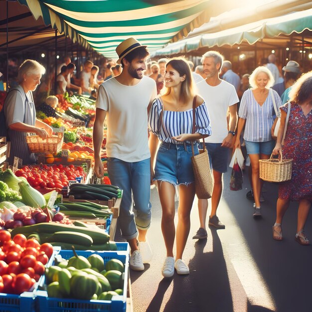 Foto los compradores recorren tranquilamente el bullicioso mercado en la vibrante mañana del sábado su amor por