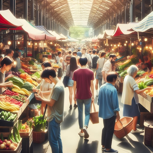 Foto los compradores recorren tranquilamente el bullicioso mercado en la vibrante mañana del sábado su amor por