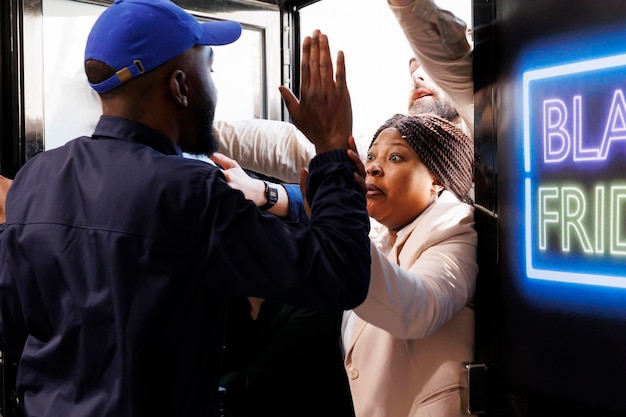 Compradores rudes e agressivos tentam entrar no shopping e conseguir primeiro as melhores ofertas da Black Friday. Oficial de segurança da loja segurando uma multidão louca e furiosa de diversas pessoas invadindo a loja durante as vendas