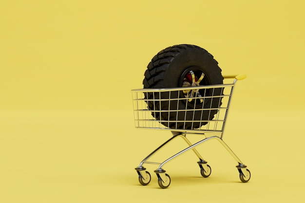 Comprando rodas para o carro uma roda de máquina em um carrinho de compras em uma renderização 3d de fundo amarelo