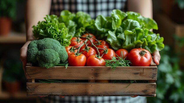 Comprar compras on-line e ter elas entregues na sua porta com as mãos segurando uma caixa cheia de comida