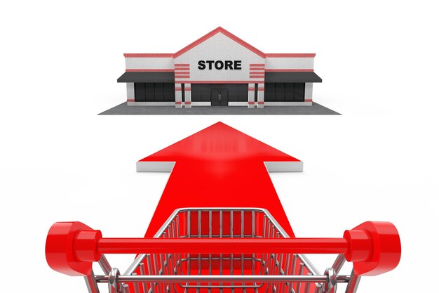 Comprar conceito carrinho de compras Trolley Over Go Forward sinal de seta mostrando direção para a loja em um fundo branco Renderização 3D