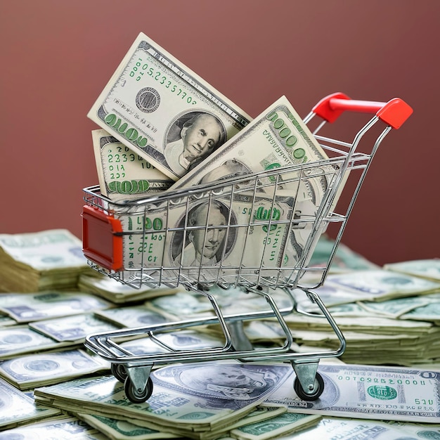 Comprar dólares no Uzbequistão Dólares americanos rolam no carrinho de compras e pilhas de somes uzbeques