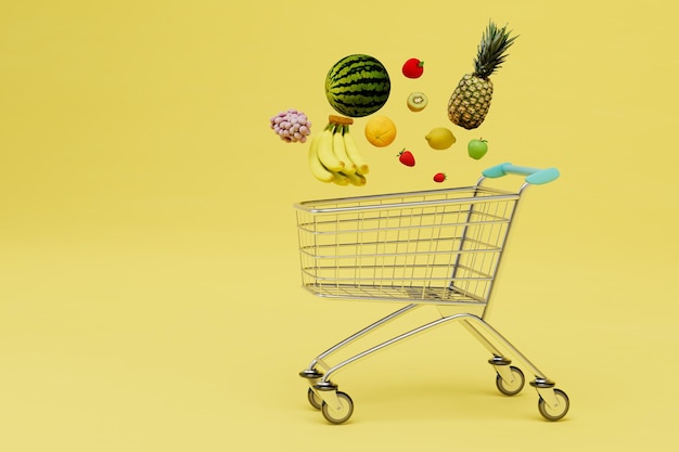 Comprar frutas no supermercado um carrinho para produtos sobre os quais há muita pasta de cópia de frutas