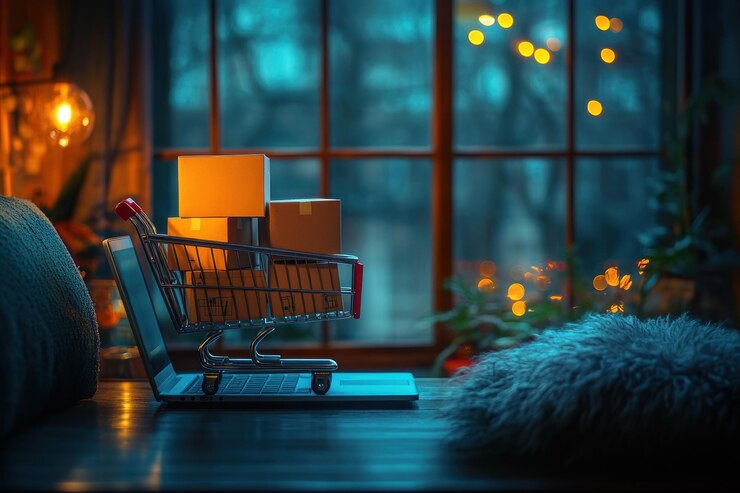 Comprar en línea con una computadora portátil y un carrito de compras