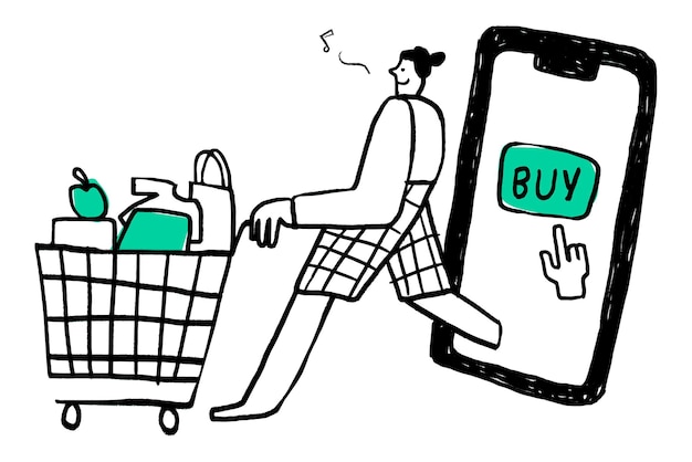 Compras de comestibles en línea png pegatina doodle en fondo transparente