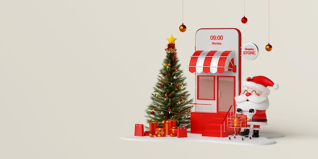 Compras de natal online no conceito móvel papai noel empurrando um carrinho de compras com caixa de presente