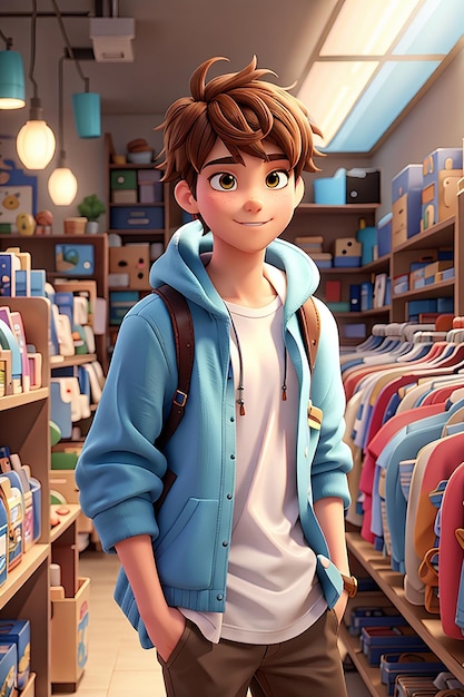 Compras divertidas de adolescente de desenho animado em 3D