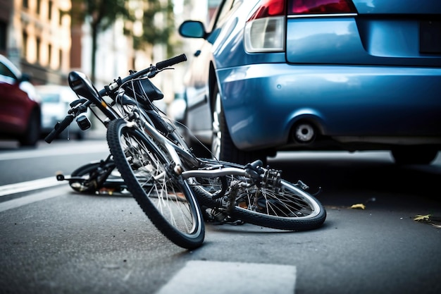 Compras e bicicleta quebrada na faixa de pedestres após colisão com um carro Acidente de carro na rua atropelado por um ciclista após uma colisão Violação das regras de trânsito