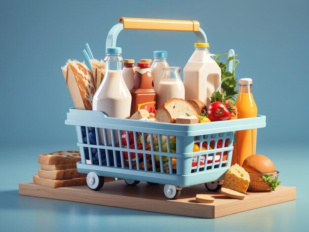 Compras eficientes Cesto de compras de plástico cheio de alimentos e bebidas 6