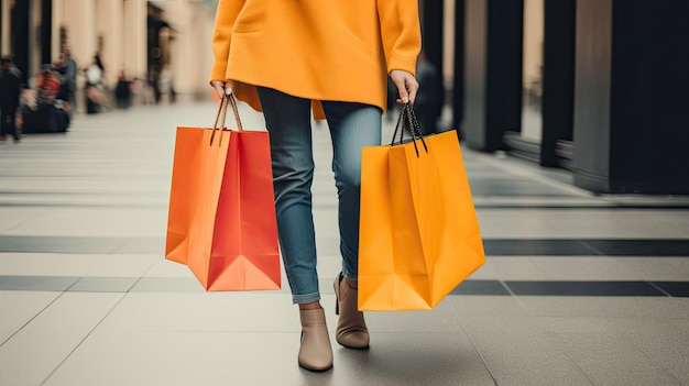 Compras felices Mujer irreconocible que sostiene bolsas de compras multicolores con Generative AI Tech