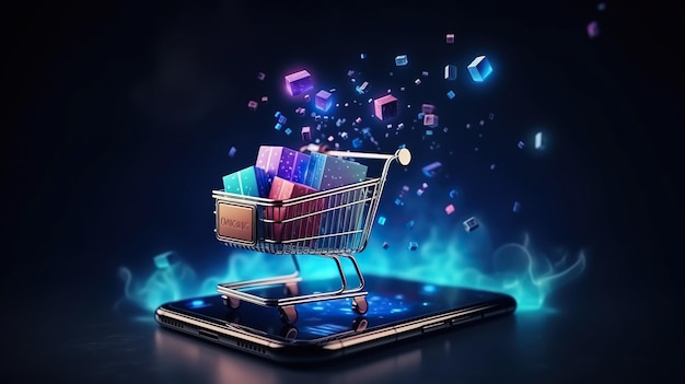 Compras en línea en la aplicación y el concepto del sitio web marketing digital carrito de compras en línea con nuevos artículos en la pantalla del teléfono inteligente