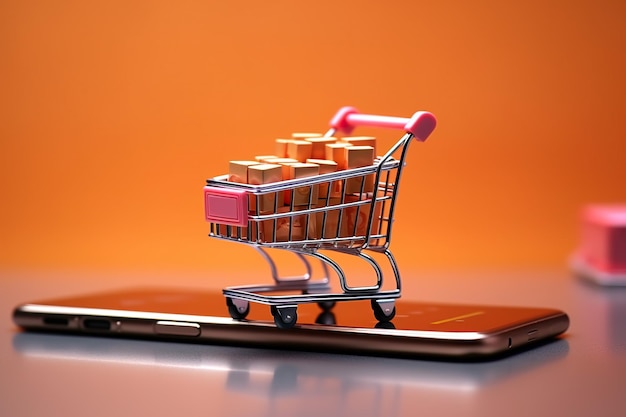 Compras en línea en la aplicación y el concepto del sitio web marketing digital carrito de compras en línea con nuevos artículos en la pantalla del teléfono inteligente