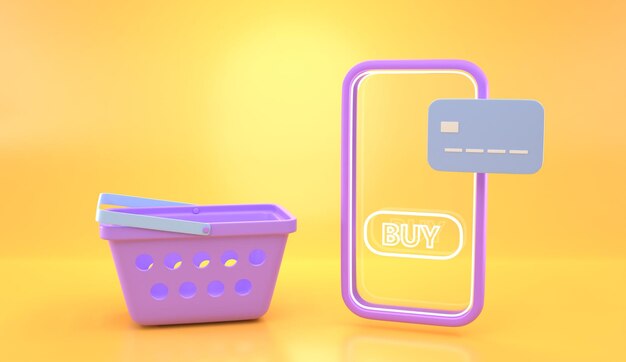 Foto compras en línea en la aplicación móvil render 3d pantalla de teléfono inteligente con tarjeta de crédito de botón de compra y cesta morada vacía sobre fondo amarillo servicio de entrega de comercio electrónico desde el banner web de la tienda de internet