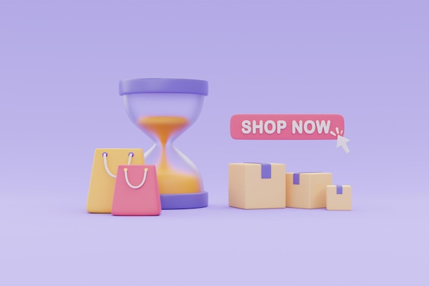 Compras en línea con bolsas de compras de reloj de arena y cajas de paquetes Promociones de venta flash Representación 3d