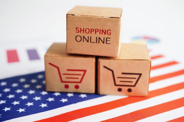 Compras en línea Caja de carrito de compras en EE. UU. Bandera de Estados Unidos comercio de finanzas de importación y exportación