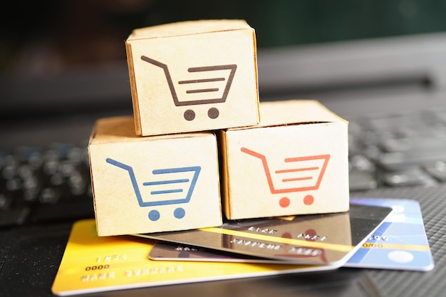 Compras en línea Caja de carrito de compras con tarjeta de crédito importación exportación finanzas comercio
