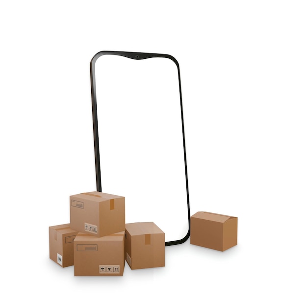 Compras en línea de cajas de cartón de teléfonos Diseño de maqueta de renderización 3D