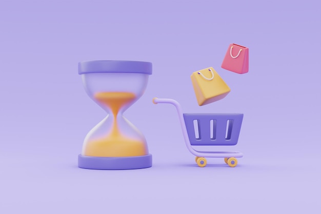 Compras en línea con carrito de compras y reloj de arena Tiempo de marketing y promociones de venta flash sobre fondo púrpura 3d renderizado