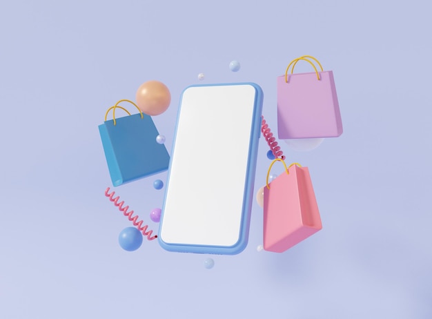 Compras en línea concepto smartphone pantalla blanca y bolsa de compras flotando sobre fondo púrpura pastel estilo minimalista descuento promoción venta banner sitio web renderizado 3d ilustración