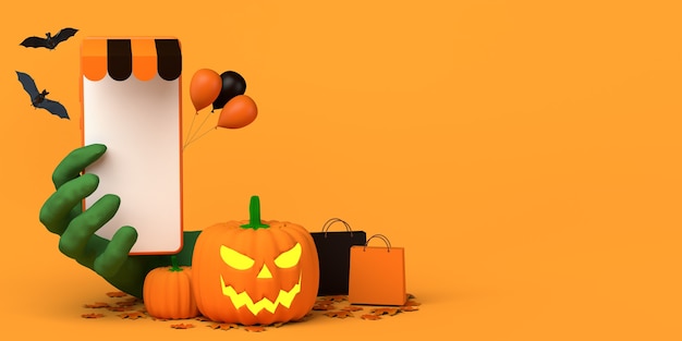 Compras en línea con concepto de teléfono inteligente para la temporada de otoño y el espacio de copia de halloween