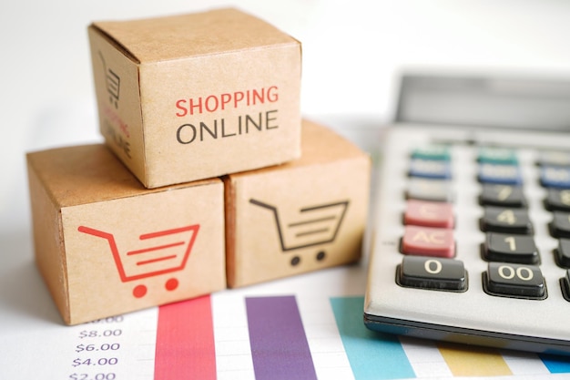 Compras en línea Cuadro de carrito de compras en el gráfico de negocios comercio de finanzas de importación y exportación