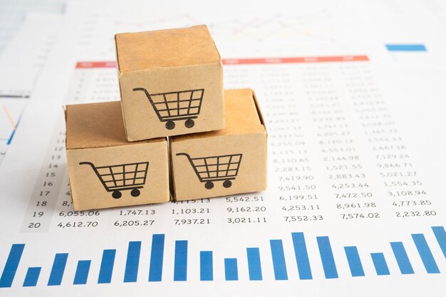 Compras en línea Cuadro de carrito de compras en el gráfico de negocios comercio de finanzas de importación y exportación