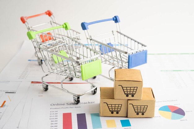 Compras en línea Cuadro de carrito de compras en el gráfico de negocios comercio de finanzas de importación y exportación