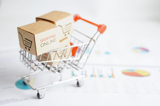 Compras en línea Cuadro de carrito de compras en el gráfico de negocios comercio de finanzas de importación y exportación
