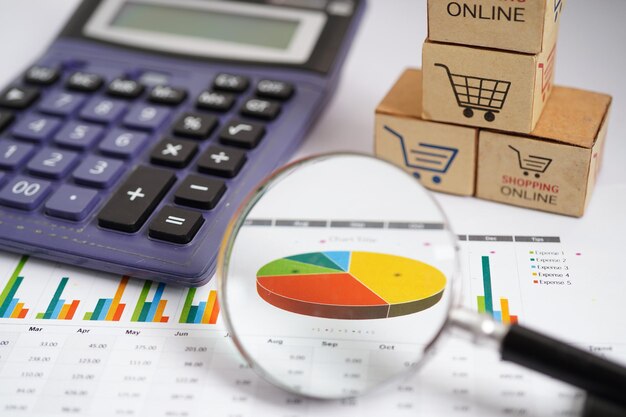 Compras en línea Cuadro de carrito de compras en el gráfico de negocios comercio de finanzas de importación y exportación