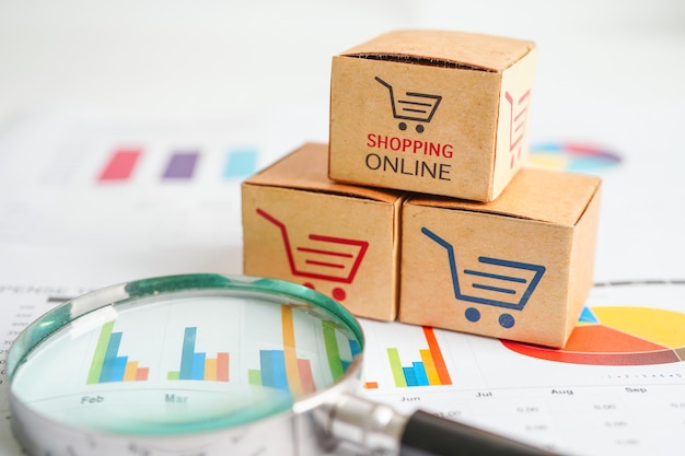 Compras en línea Cuadro de carrito de compras en el gráfico de negocios comercio de finanzas de importación y exportación