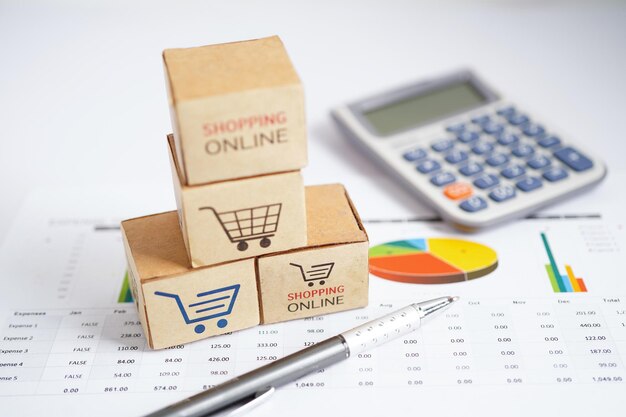 Compras en línea Cuadro de carrito de compras en el gráfico de negocios comercio de finanzas de importación y exportación