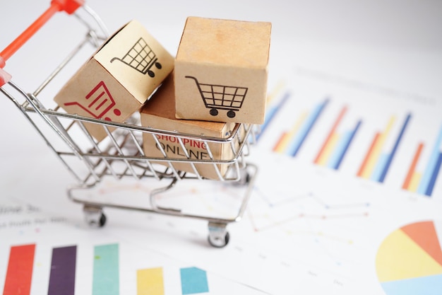 Compras en línea Cuadro de carrito de compras en el gráfico de negocios comercio de finanzas de importación y exportación