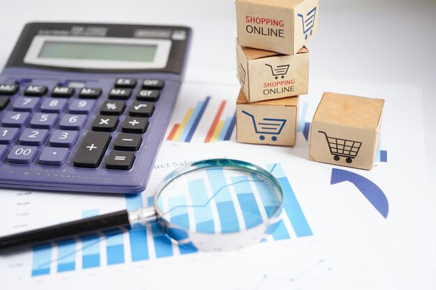 Compras en línea Cuadro de carrito de compras en el gráfico de negocios comercio de finanzas de importación y exportación