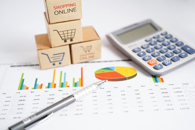 Compras en línea Cuadro de carrito de compras en el gráfico de negocios comercio de finanzas de importación y exportación