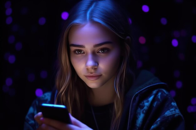 Compras en línea feliz niña bonita con teléfono celular aislado sobre fondo oscuro en púrpura neón li