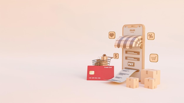 Compras en línea y pago en línea concepto 3d ilustración marketing