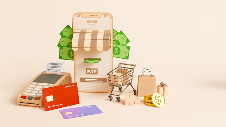 Compras en línea y pago en línea concepto 3d ilustración marketing