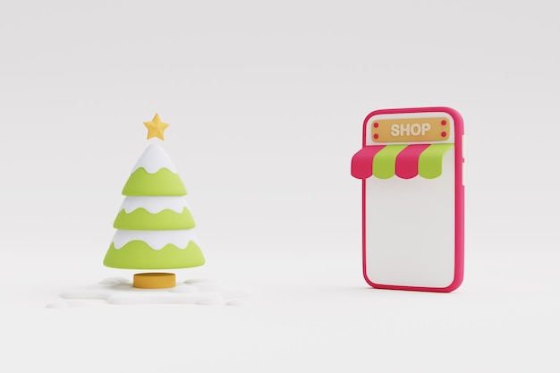 Compras en línea para regalos de Navidad y año nuevo, coloridos regalos de Navidad, bolsas y cajas con ilustración de procesamiento de smartphone.3d.