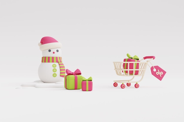 Compras en línea para regalos de Navidad y año nuevo, coloridos regalos de Navidad, bolsas y carro con snowman.3d ilustración de procesamiento.