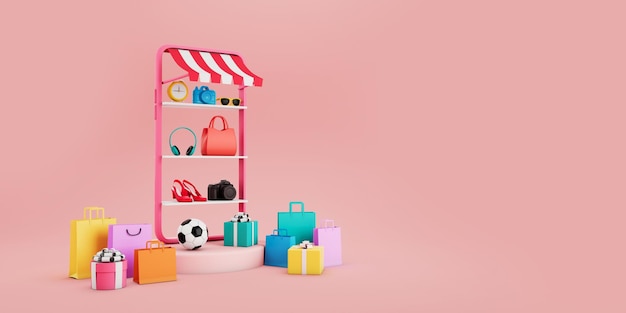 Foto compras en línea en teléfonos inteligentes tienda en línea en la aplicación móvil los artículos de compras están en el estante sobre fondo rosa concepto de marketing digital representación 3d