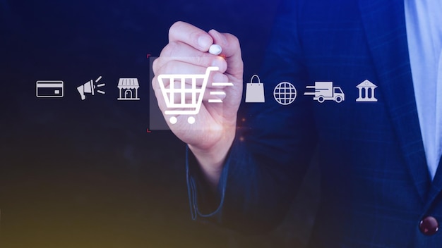 Compras en línea tocando la mano compras en línea con diagrama de iconos gráficos virtuales pago en línea marketing digital finanzas de negocios concepto de tecnología de red de Internet