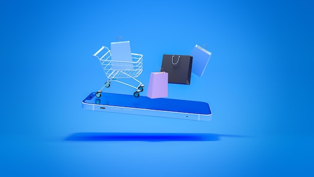 Compras en línea a través de la aplicación de teléfono inteligente carrito de compras y bolsa de compras en el teléfono móvil aislado sobre fondo azul Concepto de comercio electrónico de compras en línea Representación 3D