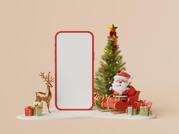 Compras navideñas en línea en concepto móvil Pantalla en blanco móvil con Santa Claus