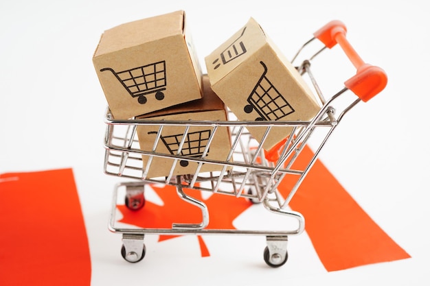 Compras on-line Caixa de carrinho de compras na bandeira do Canadá, importação, exportação, comércio financeiro