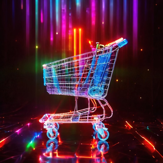 Foto compras on-line e comércio eletrônico mostradas por representação digital de carrinho de supermercado