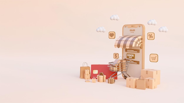 Compras on-line e conceito de pagamento on-line marketing de ilustração 3d