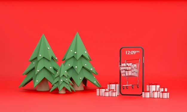 compras online um carrinho de supermercado cheio de caixas de presente fora da tela do celular com o tema natal